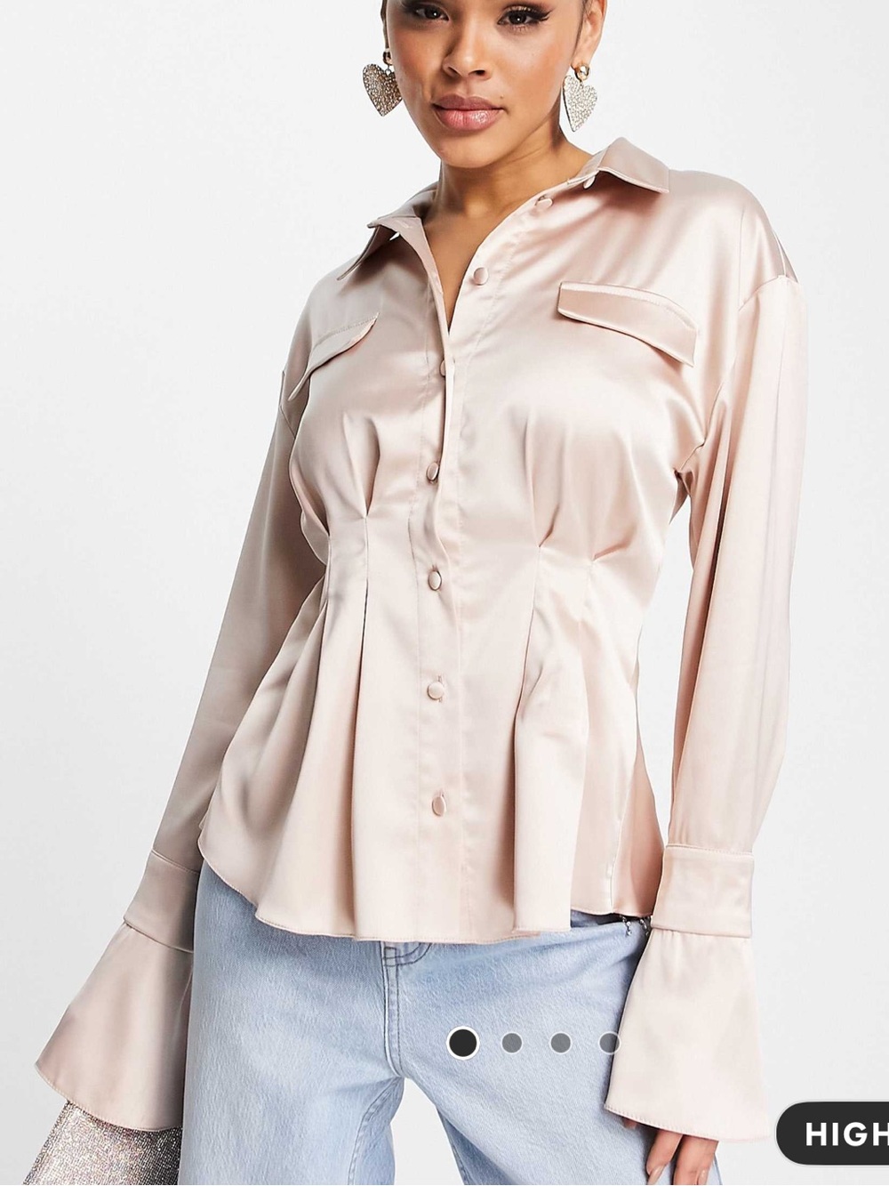 Satin long sleeve shirt with corset seam waist detail in blush